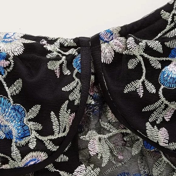 Y2K Plus Black Blue Mesh Embroidered Corset Bustier Crop Cami Top NEW - Picture 2 of 6